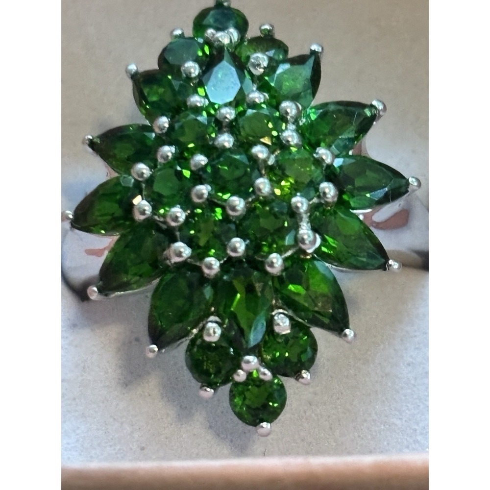 Sterling Silver 925 Green Chrome Diopside Gemstone Cluster Ring Size 8